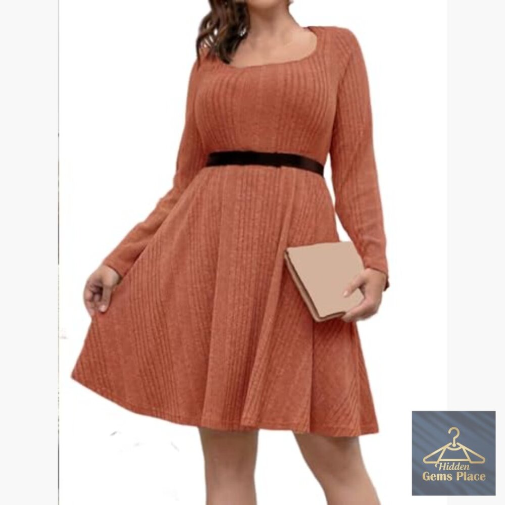 Plus Size Rib-Knit Sweater Dress Square Neck Casual Pullover - Picture 3 of 3